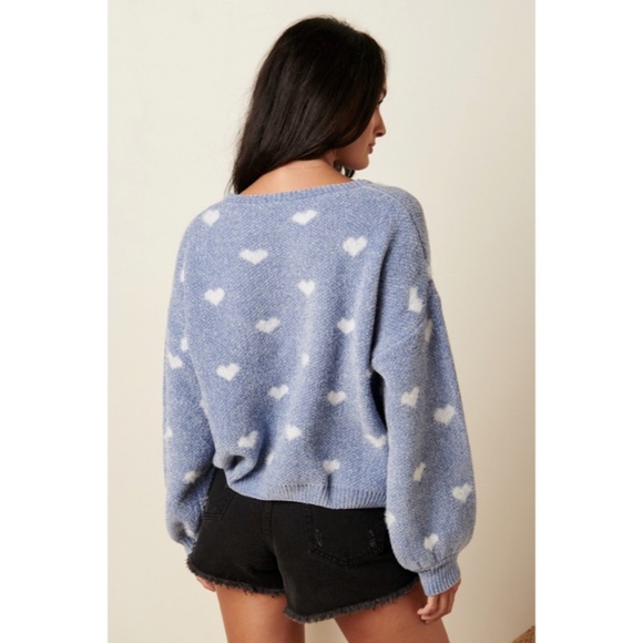 SOLD OUT Dusty Blue Heart Print Valentines Day Knit Drop Shoulder Knit Sweater - Picture 3 of 5